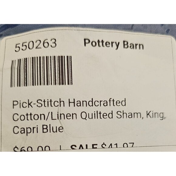 Pottery Barn Pick-Stitch Handcrafted Cotton/Linen Quilted Sham King Capri Blue - Picture 1 of 4